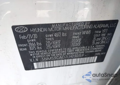 2020 Hyundai Santa Fe Sel from USA, damaged, VIN 5NMS3CAD2LH230159